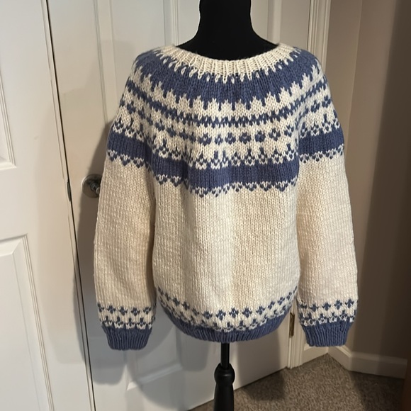 Vtg Norwegian blue cream fair Isle sweater pewter like buttons XL Dale Norway - Picture 4 of 4